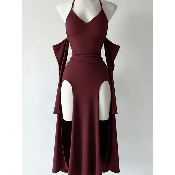 Dark Red Goth, Gothic Style Halter Cosplay Dress w/ High Slit  S, M, L, XL - Picture 3 of 4
